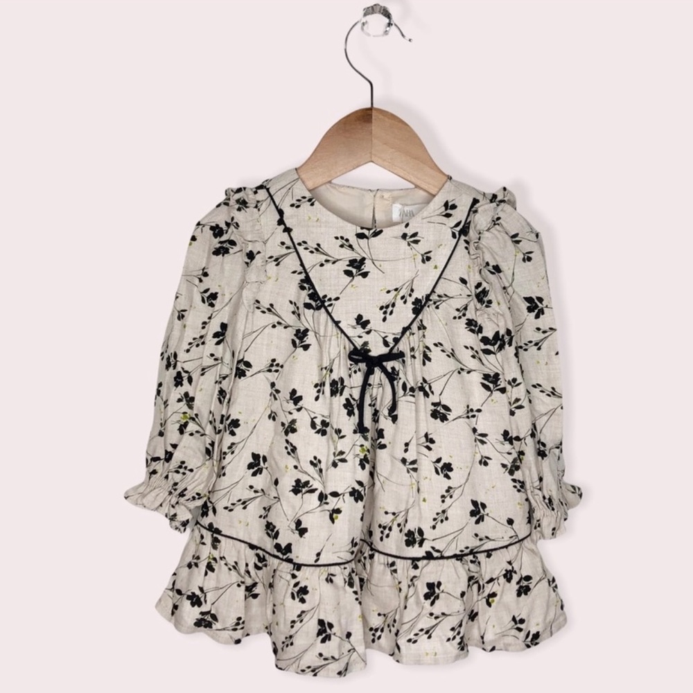 Zara dress core cottage ivory w/ black flowers, Size 9-12 months